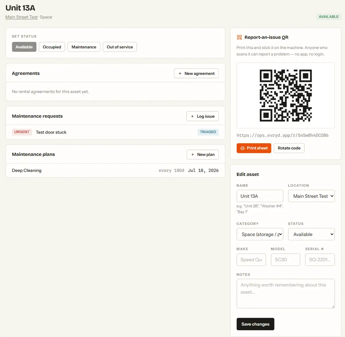 Evryday Ops asset overview showing status, agreements, maintenance requests, maintenance plans, and a report-an-issue QR code with demo data.